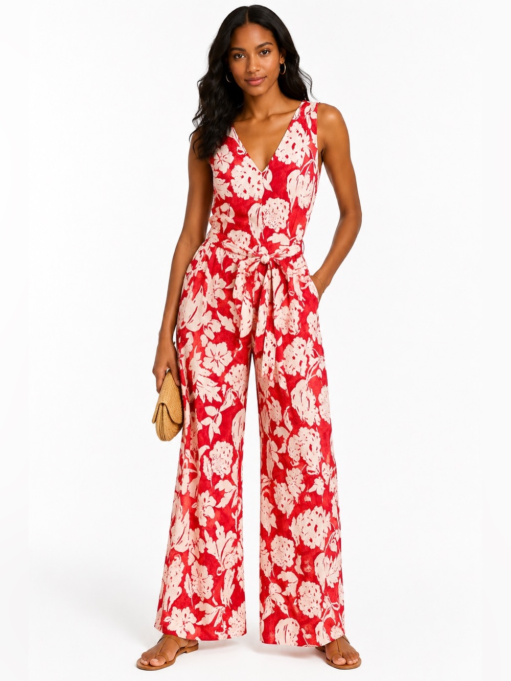 Mango Red and White Floral V-Neck Wide-Leg Jumpsuit